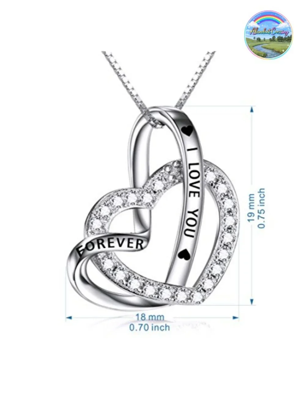 Sterling Silver Heart Pendant Necklace with Cubic Zirconia CZ, Engraved I Love